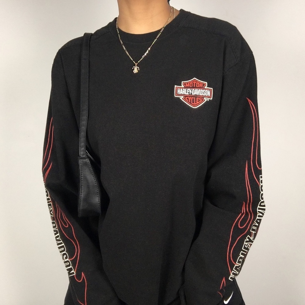 Harley Davidson Flames Long Sleeve T-Shirt Black Motorcycles Tee Medium - Picture 1 of 13